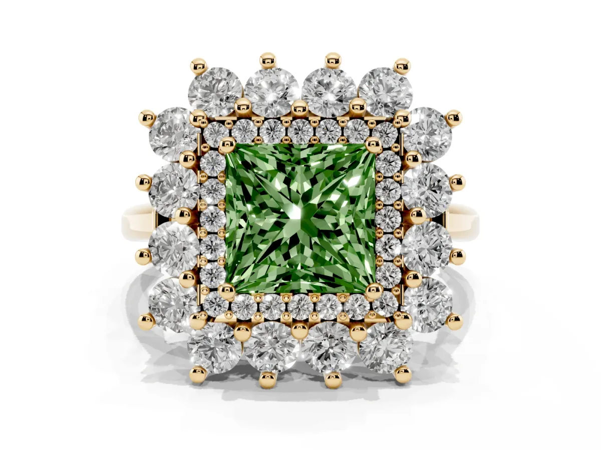 Fancy Green Princess Cut Diamond Floral Double Halo Engagement Ring with Prong Setting Yellow gold