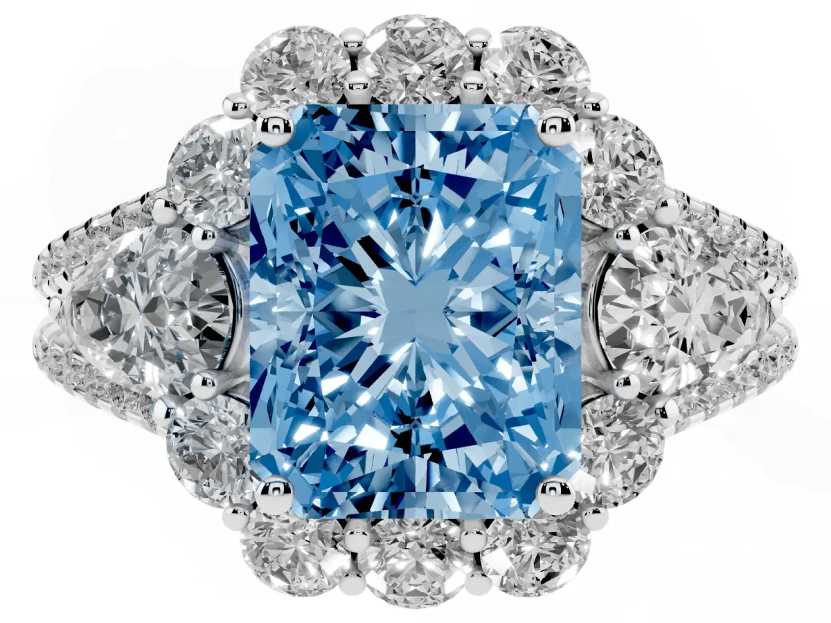 Fancy Blue Radiant Cut Halo Split Shank Diamond Engagement Ring with Prong Setting Silver