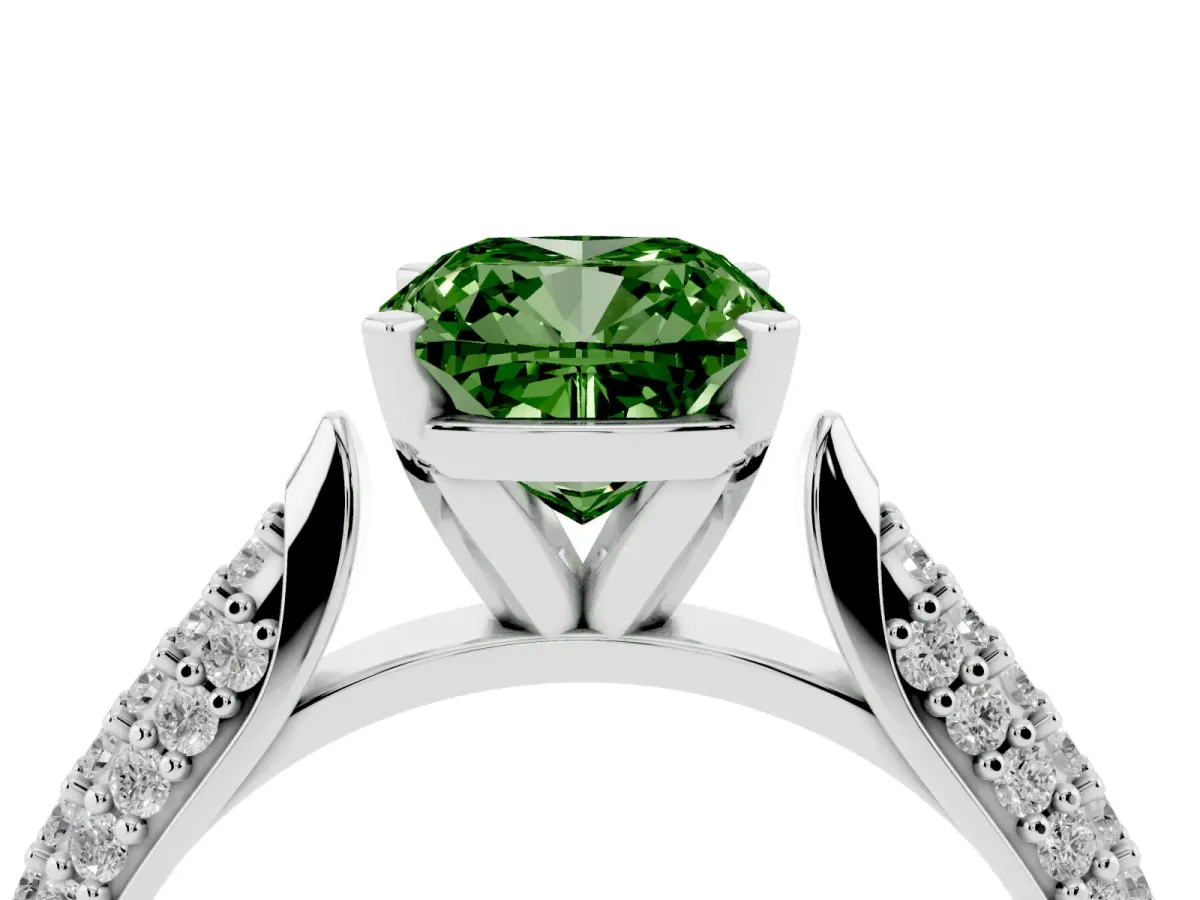 Fancy Green Cushion Cut Diamond Solitaire Engagement Ring with Multi-Row Round Pavé Band and Prong Setting Platinum