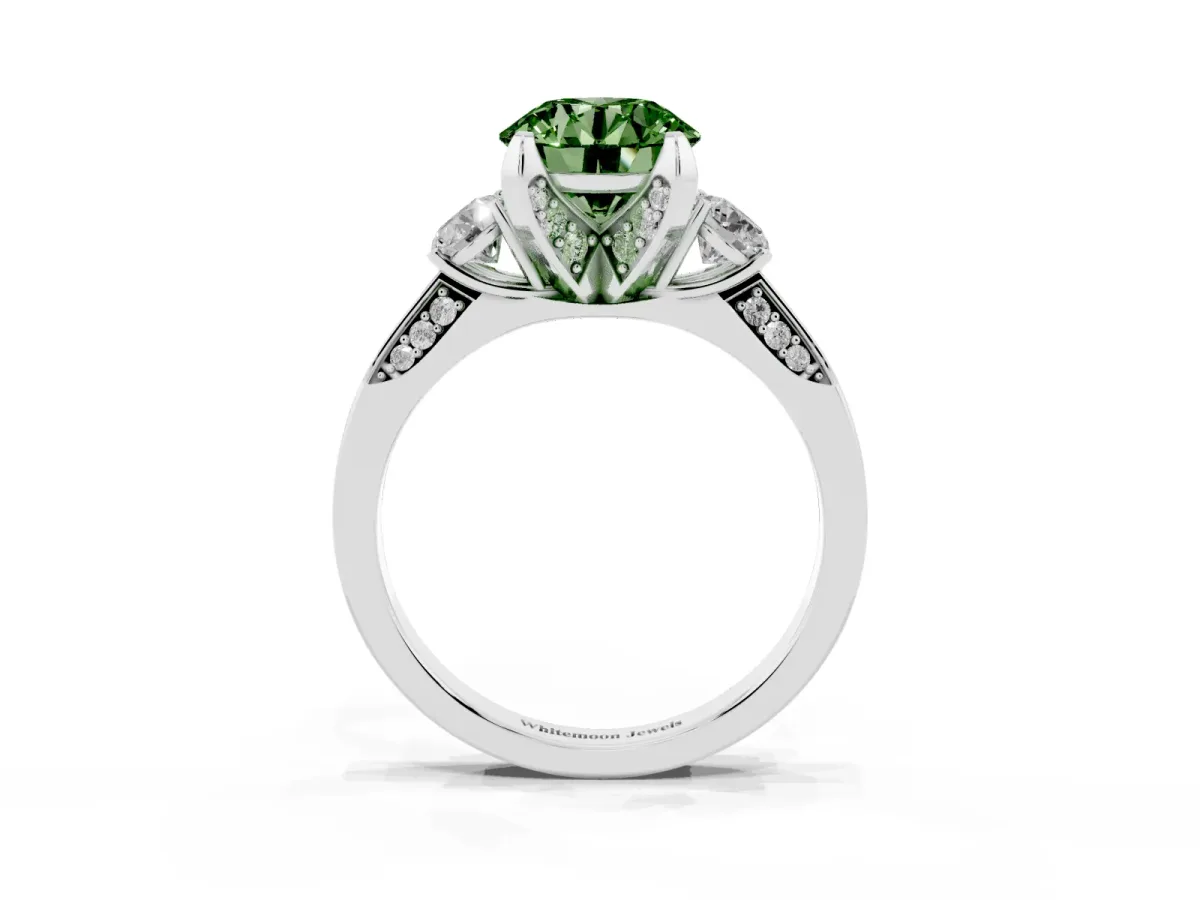 Fancy Green Round Cut Brilliant Three-Stone Diamond Ring with Pavé Band and Four-Prong Setting White gold