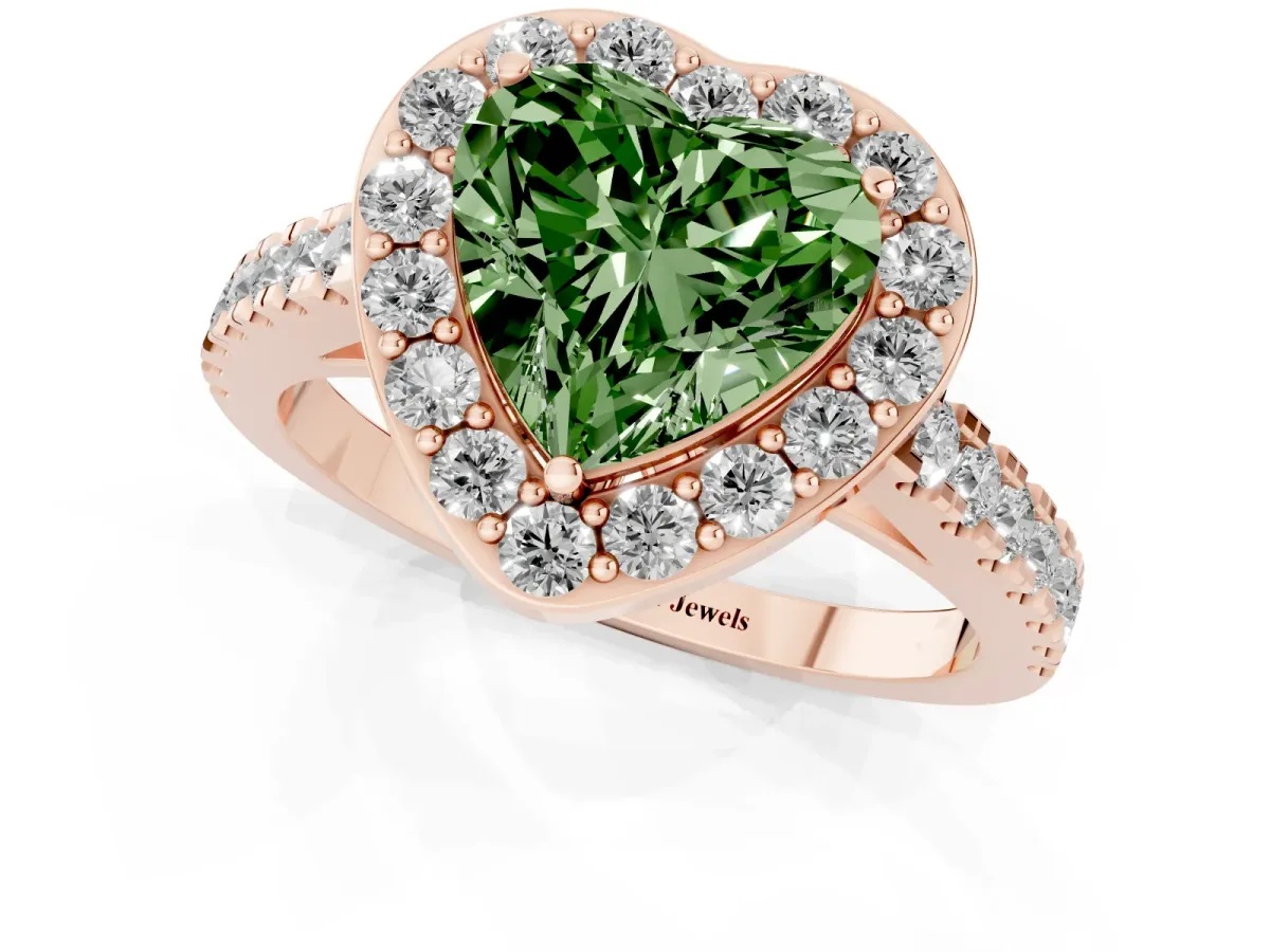 Fancy Green Heart Cut Diamond Halo Ring with Round Pavé Split Shank and Prong Setting Rose gold
