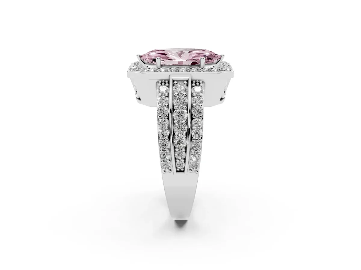 Fancy Pink Marquise Cut Halo Diamond Ring with Round Split Shank and Prong Setting Silver