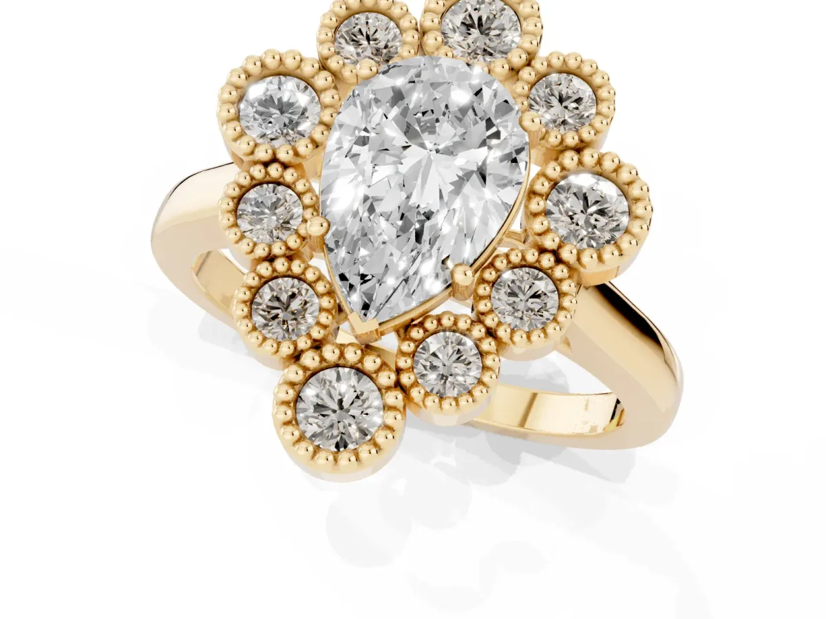 Pear Cut Halo Diamond Cluster Engagement Ring with Milgrain Bezel Setting and Solitaire Band Yellow gold