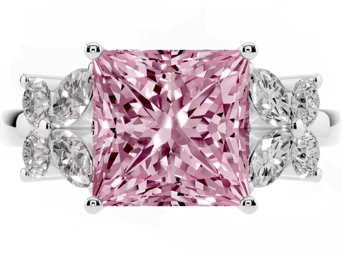Fancy Pink Princess Cut Diamond Floral Cluster Ring with Solitaire Band and Prong Setting Platinum