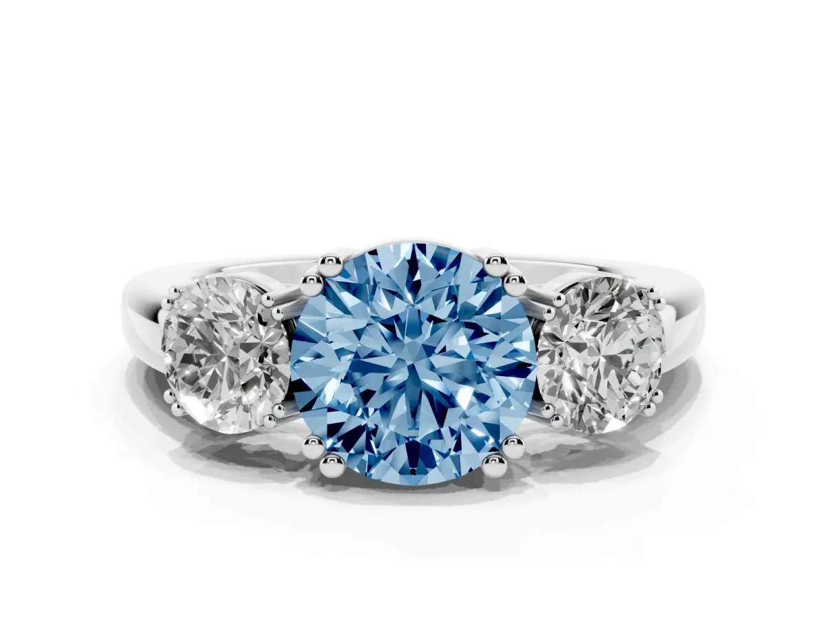 Fancy Blue Three-Stone Round Cut Cut Diamond Ring with Channel Set Band and Four-Prong Setting Silver