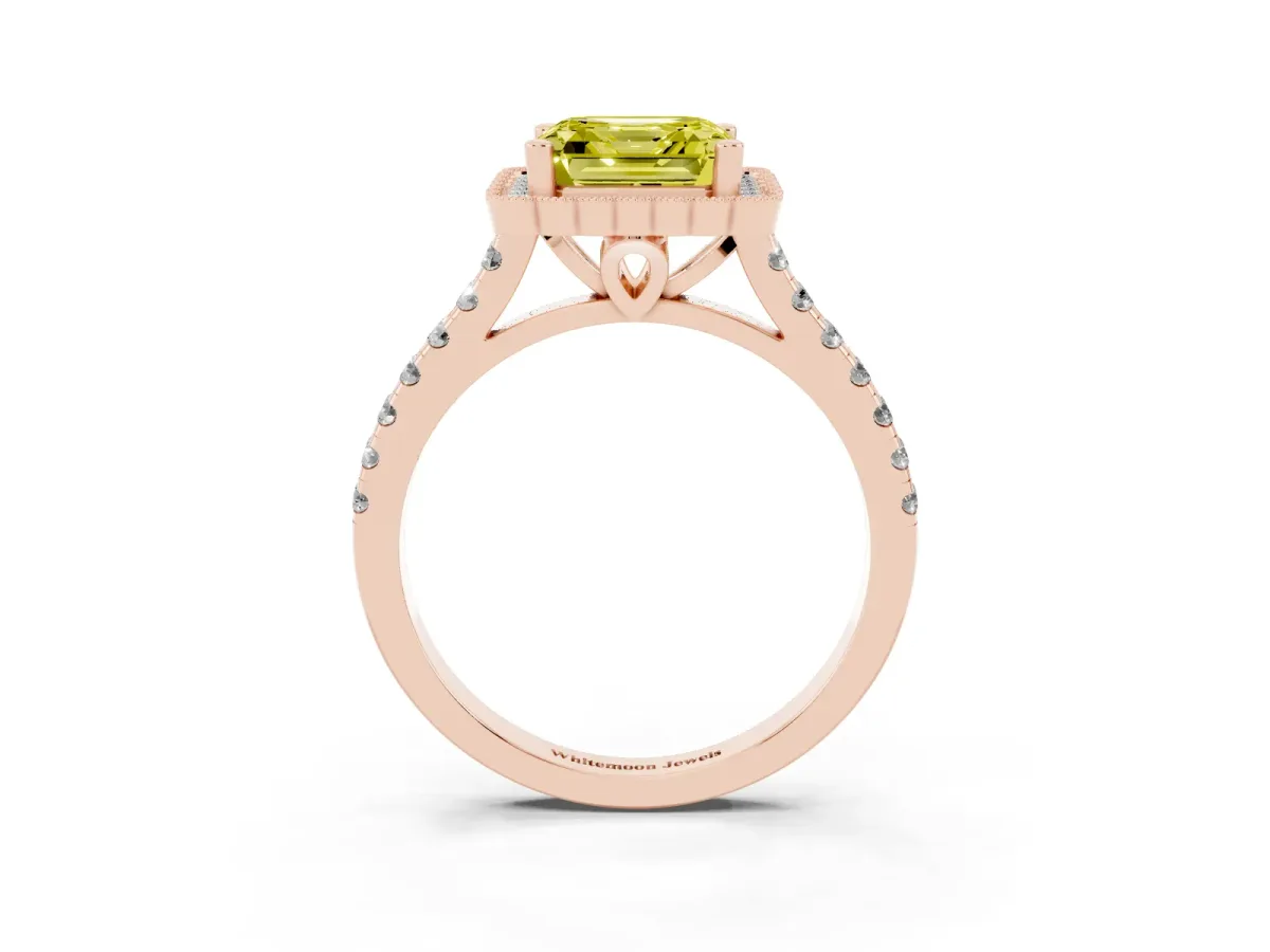 Fancy Yellow Asscher Cut Cut Diamond Milgrain Floral Halo Engagement Ring with Pavé Band Rose gold