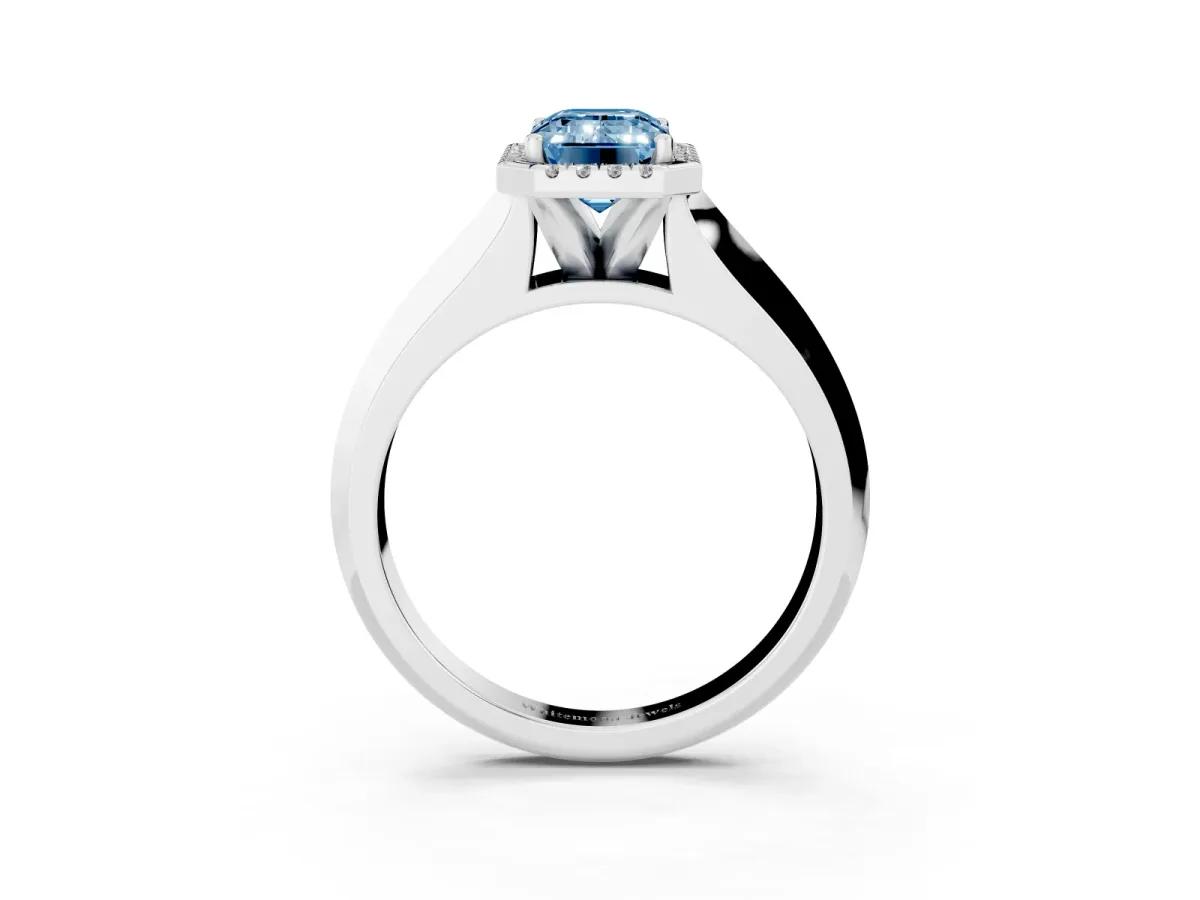 Fancy Blue Emerald Cut Halo Diamond Ring with Cathedral Band and Four-Prong Setting Silver