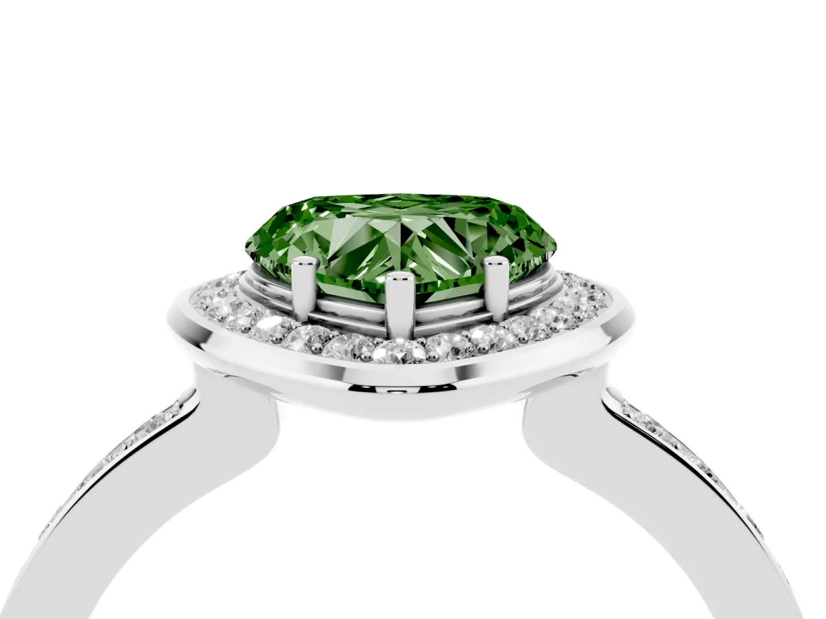 Fancy Green Heart Cut Diamond Halo Ring with Bezel Frame and Pavé Band Silver