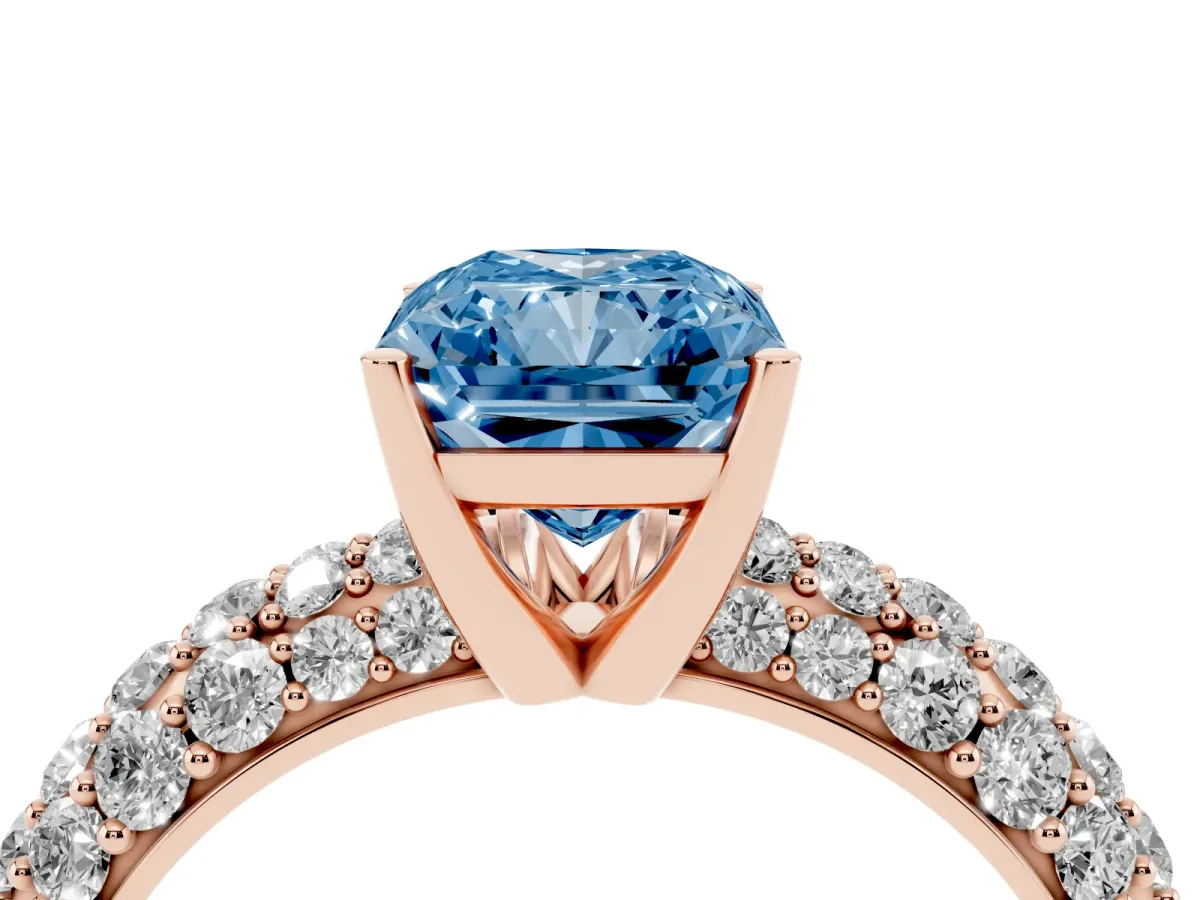 Fancy Blue Radiant Cut Diamond Pavé Band Solitaire Ring with Four-Prong Setting Rose gold