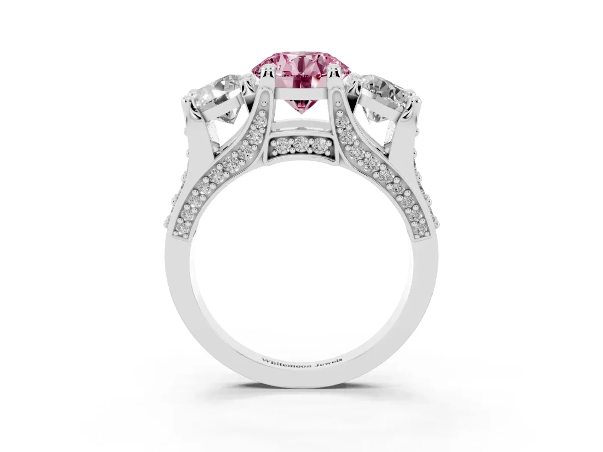 Fancy Pink Round Cut Diamond Three-Stone Ring with Channel Set Band and Four-Prong Setting Silver