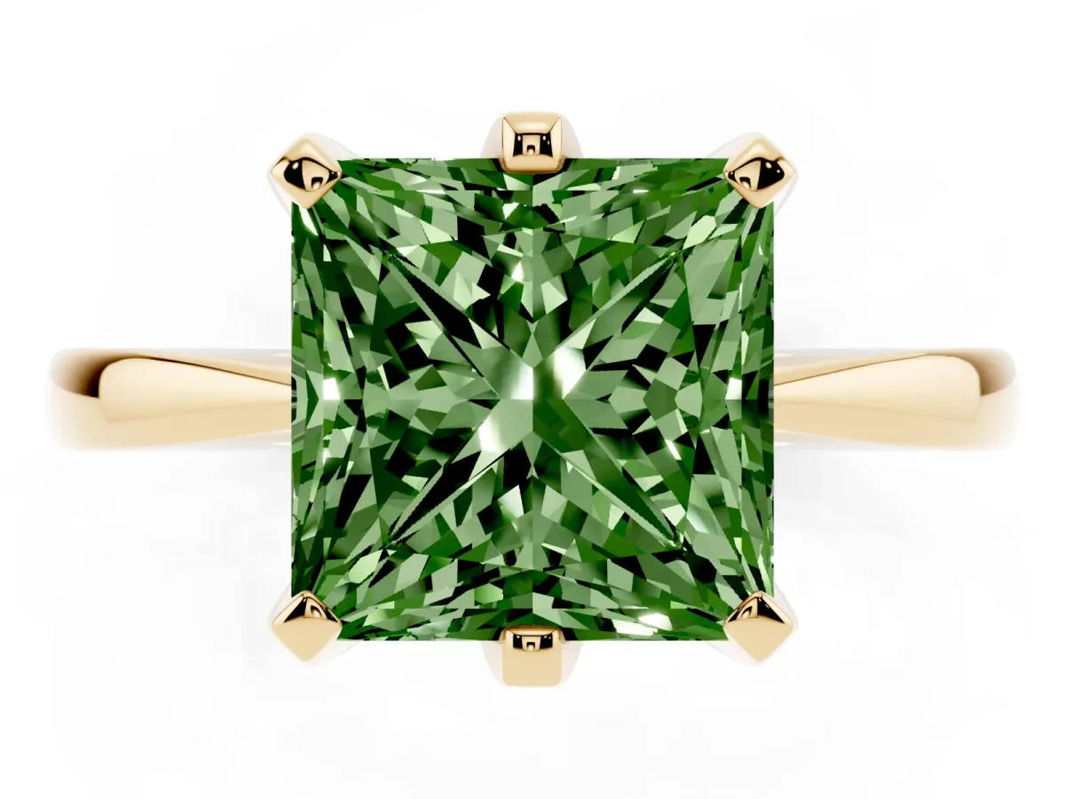 Fancy Green Princess Cut Solitaire Engagement Ring with Six-Prong Setting and Tapered Band Yellow gold
