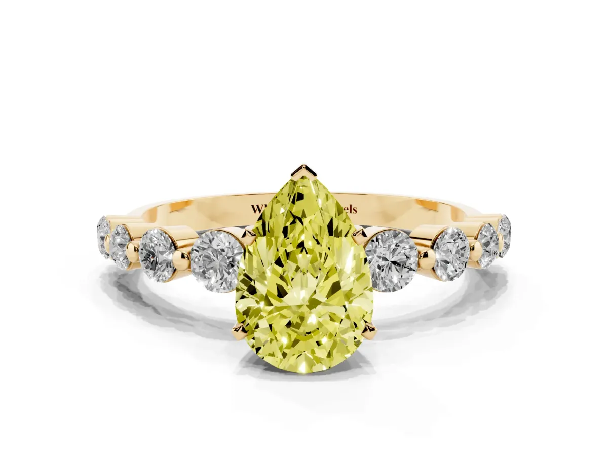 Fancy Yellow Pear Cut Solitaire Diamond Ring with Pave Band and Four-Prong Setting Yellow gold