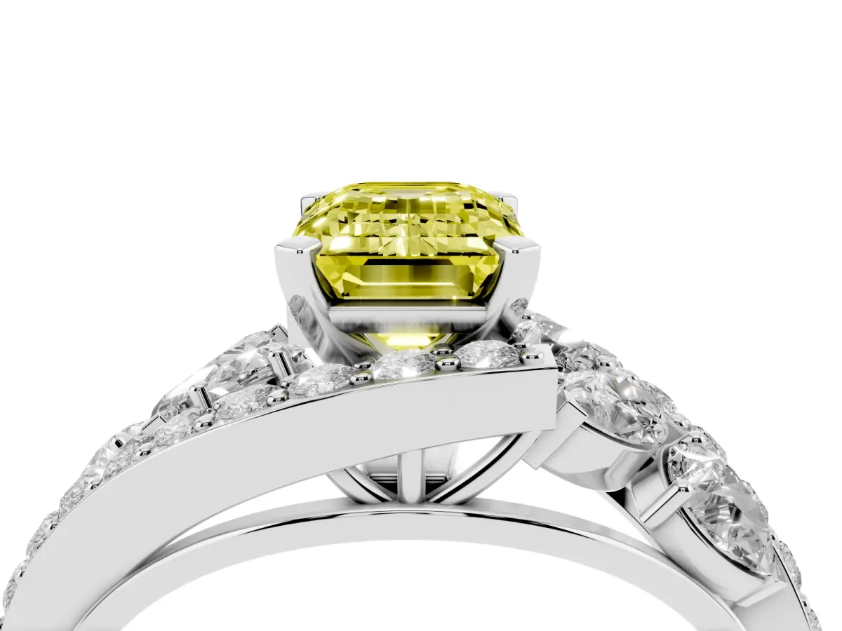 Fancy Yellow Emerald Cut Diamond Halo Ring with Marquise and Pavé Band in Prong Setting Platinum