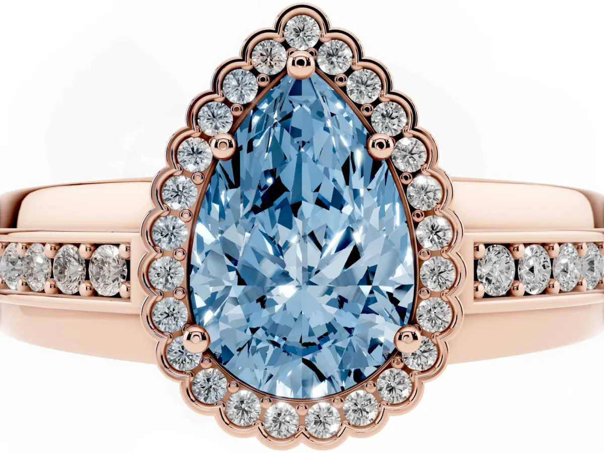 Fancy Blue Pear Cut Cut Halo Pave Band Four-Prong Ring Rose gold
