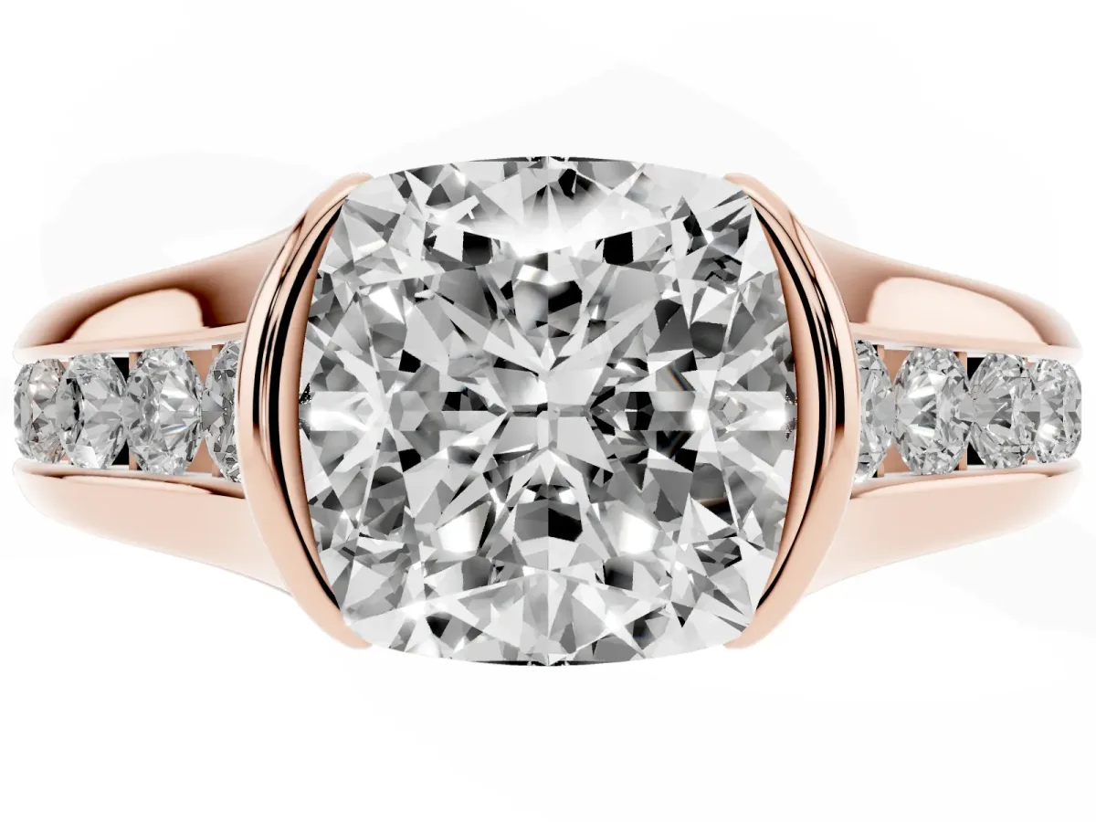 Cushion Cut Solitaire Bezel-Set Diamond Ring with Channel-Set Band Rose gold