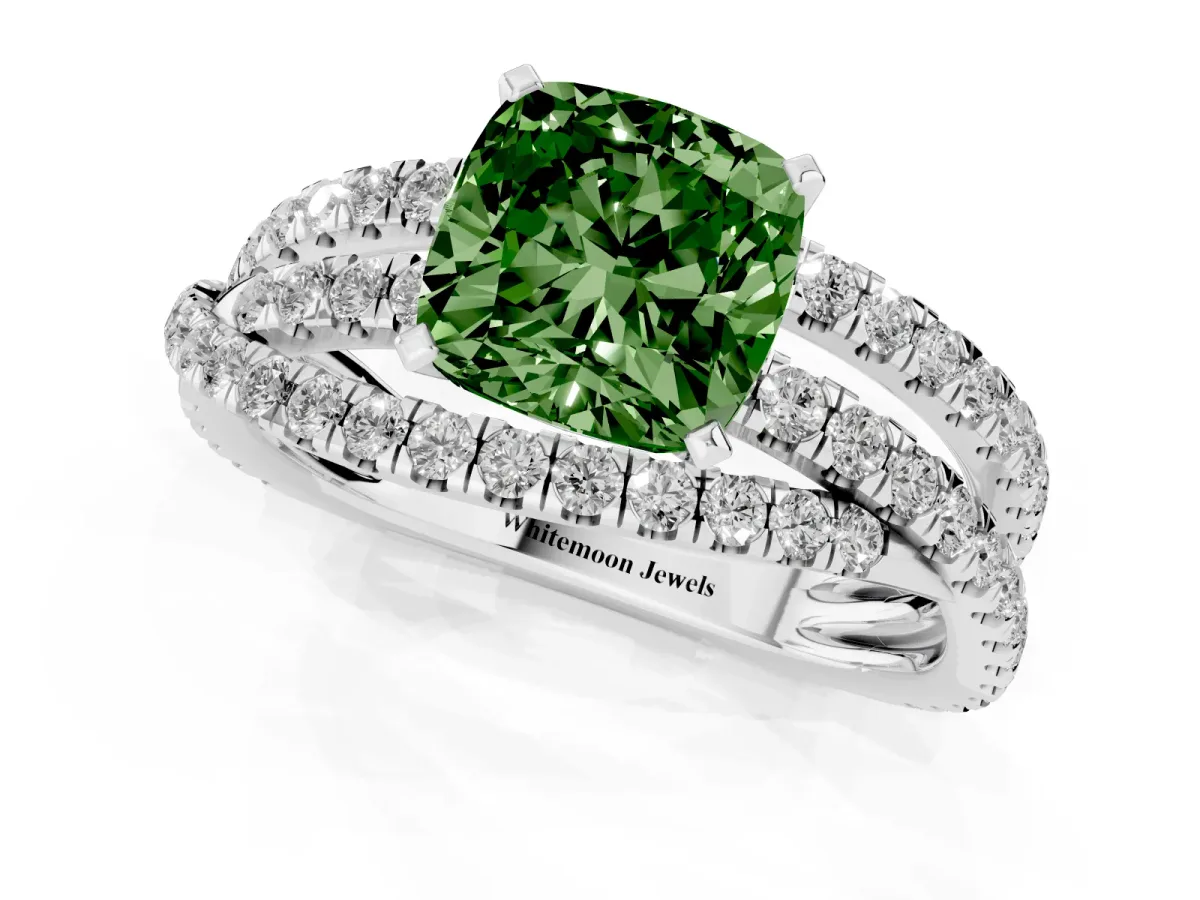 Fancy Green Cushion Cut Solitaire Twist Band with Pavé Setting and Four-Prong Setting Silver