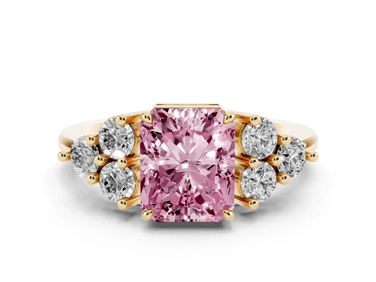 Fancy Pink Radiant Cut Brilliant Diamond Cluster Accent Solitaire Ring with Prong Setting Yellow gold