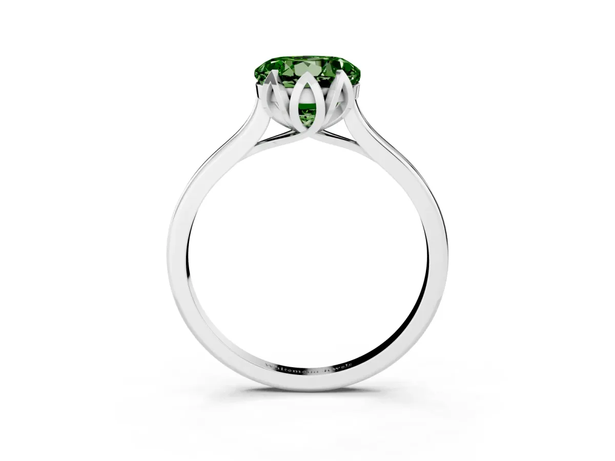 Fancy Green Round Cut Diamond Solitaire Ring with Flower Prong Setting and Classic Band Silver