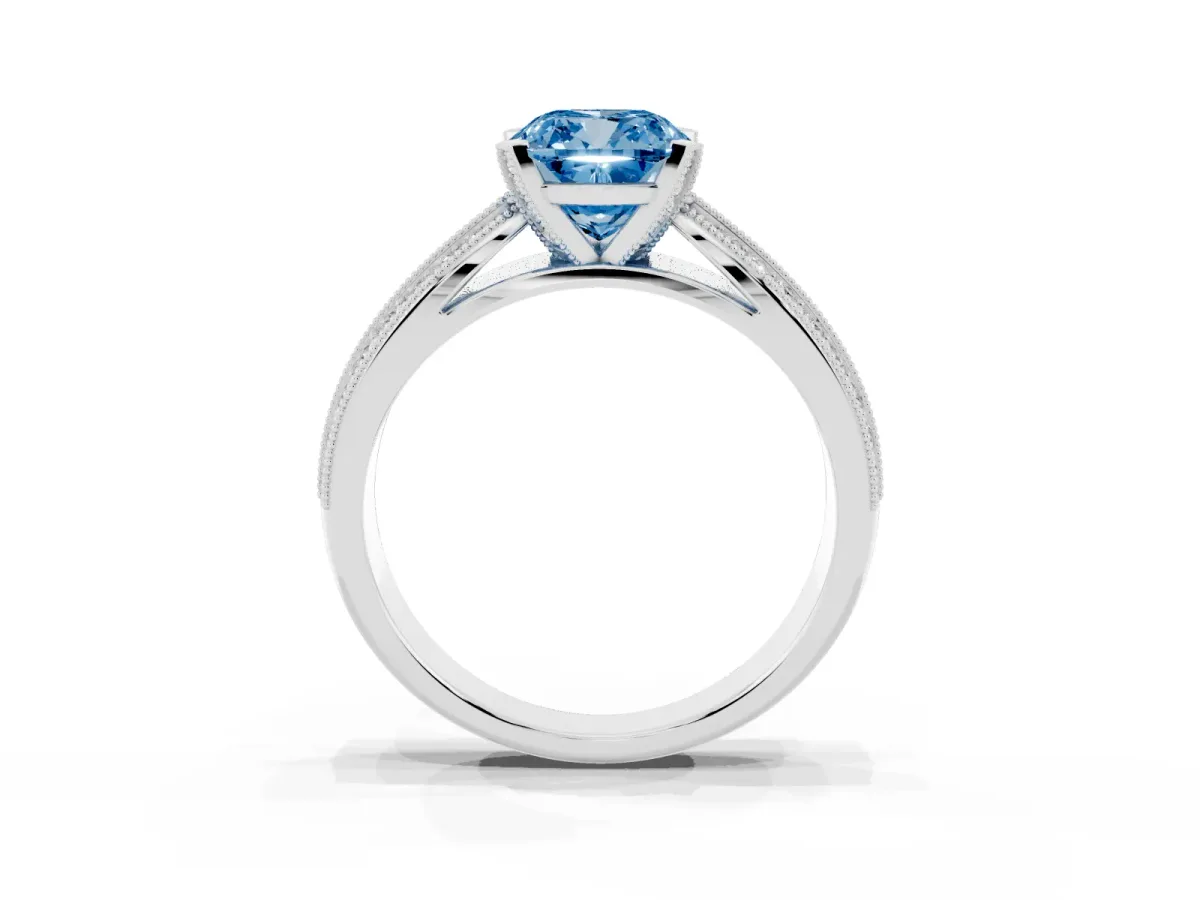 Fancy Blue Cushion Cut Diamond Solitaire Ring with Milgrain Round Pavé Band and Prong Setting White gold