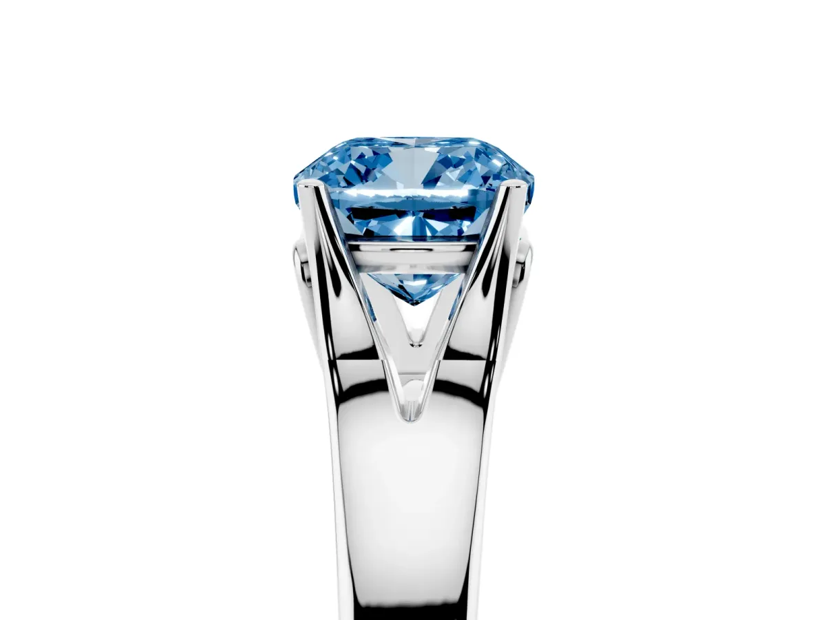 Fancy Blue Cushion Cut Solitaire Diamond Ring with Cathedral Band and Four-Prong Setting Silver
