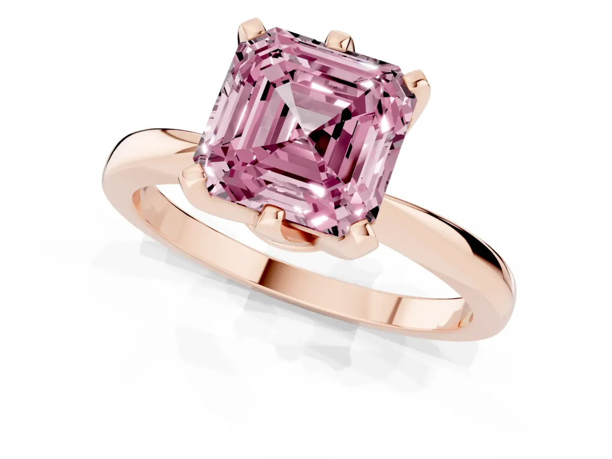Fancy Pink Asscher Cut Solitaire Engagement Ring with Six-Prong Setting and Tapered Band Rose gold