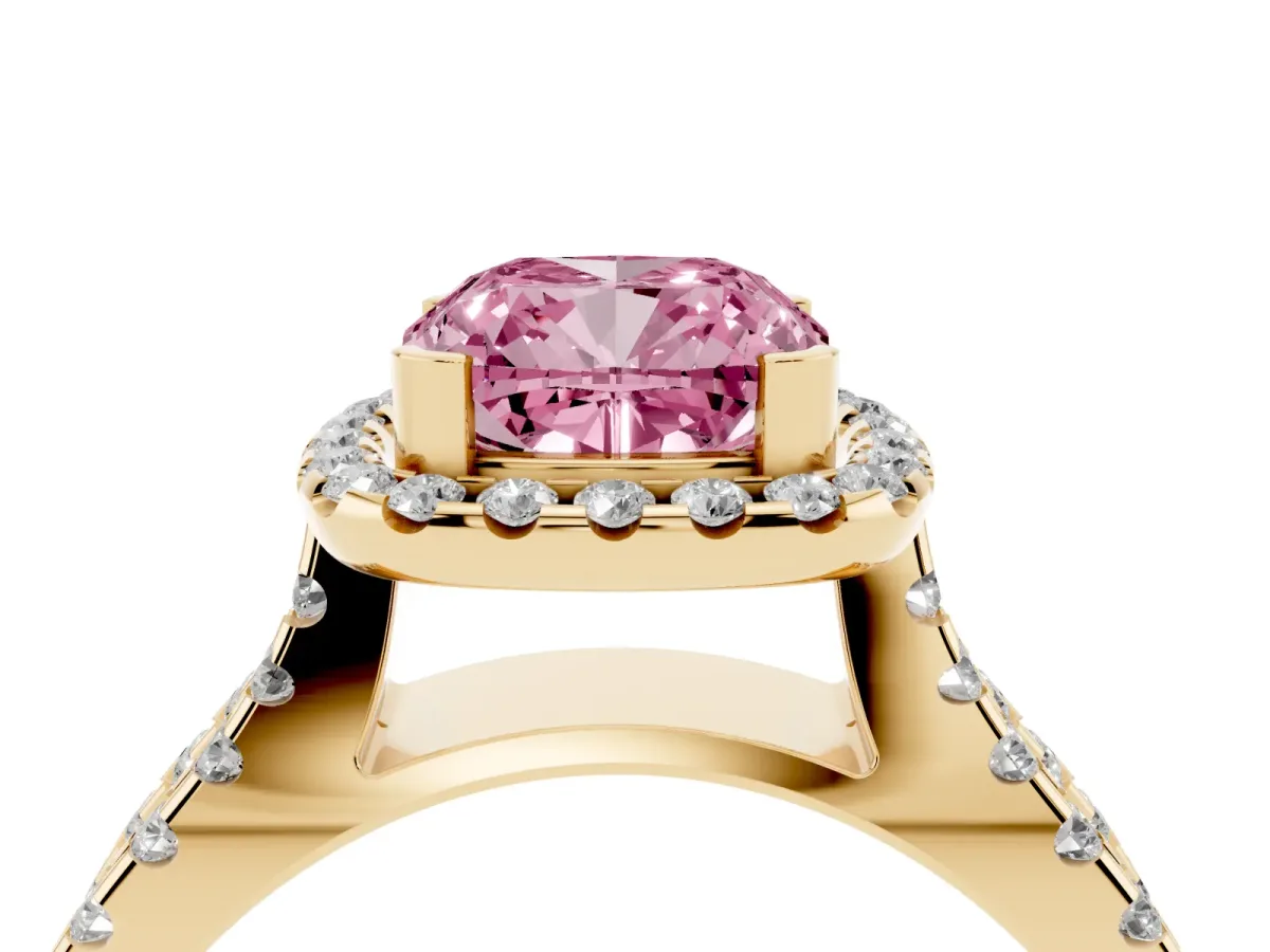 Fancy Pink Cushion Cut Diamond Halo Ring with Split Shank Pavé Band and Prong Setting Yellow gold