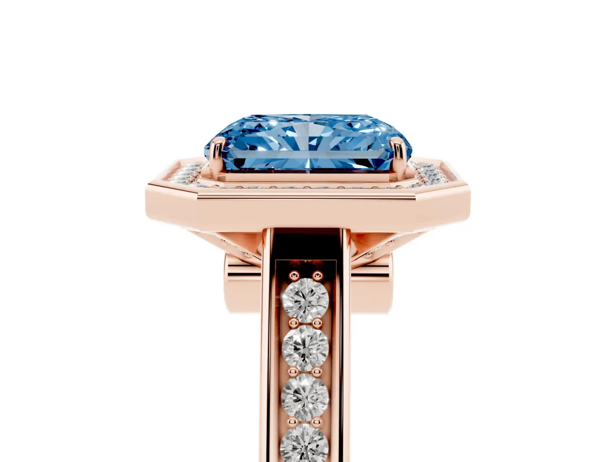 Fancy Blue Radiant Cut Halo Solitaire Diamond Ring with Pave Band and Bezel Setting Rose gold