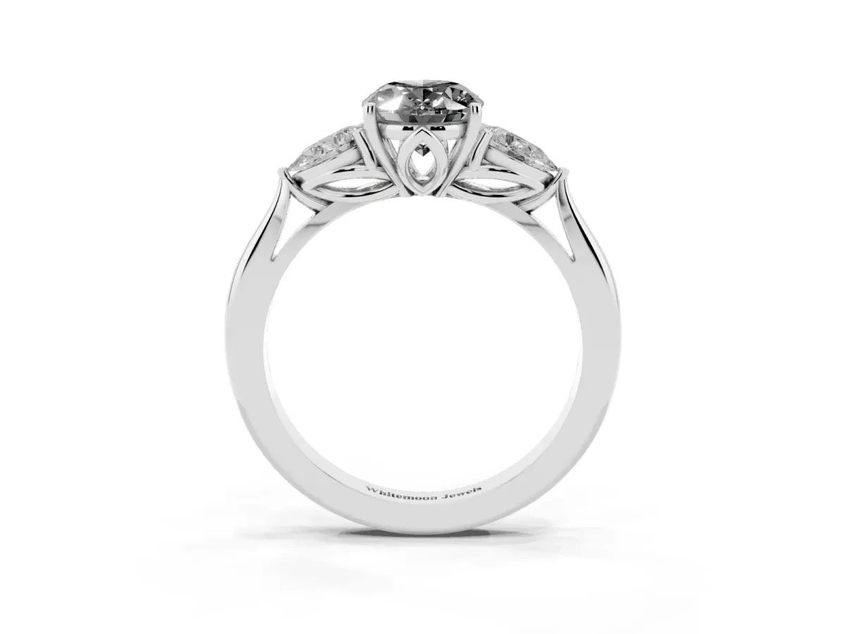 Fancy Black Oval Cut Diamond Three-Stone Ring with Pear Side Stones and Prong Setting Platinum