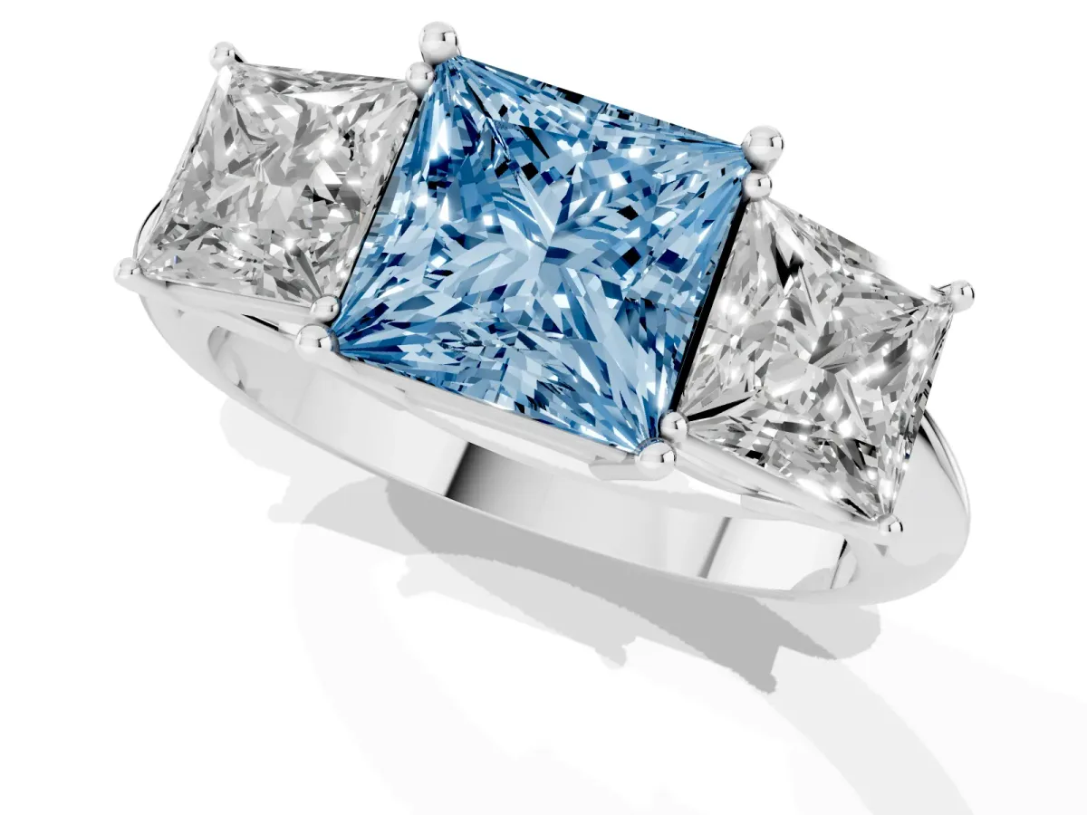 Fancy Blue Three-Stone Princess Cut Cut Diamond Engagement Ring with Prong Setting on a White Gold Band Silver