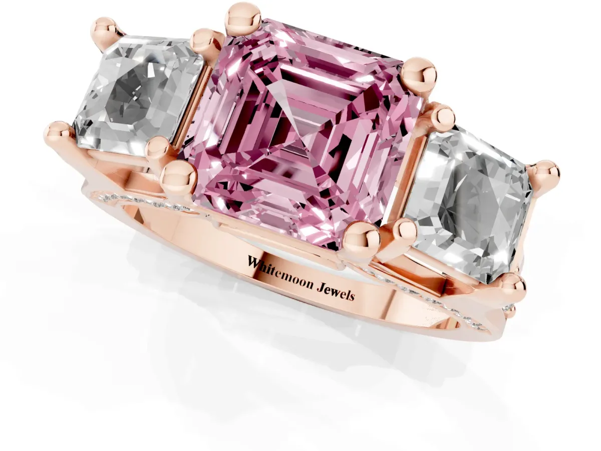 Fancy Pink Asscher Cut Diamond Three-Stone Ring with Channel Set Band and Four-Prong Setting Rose gold