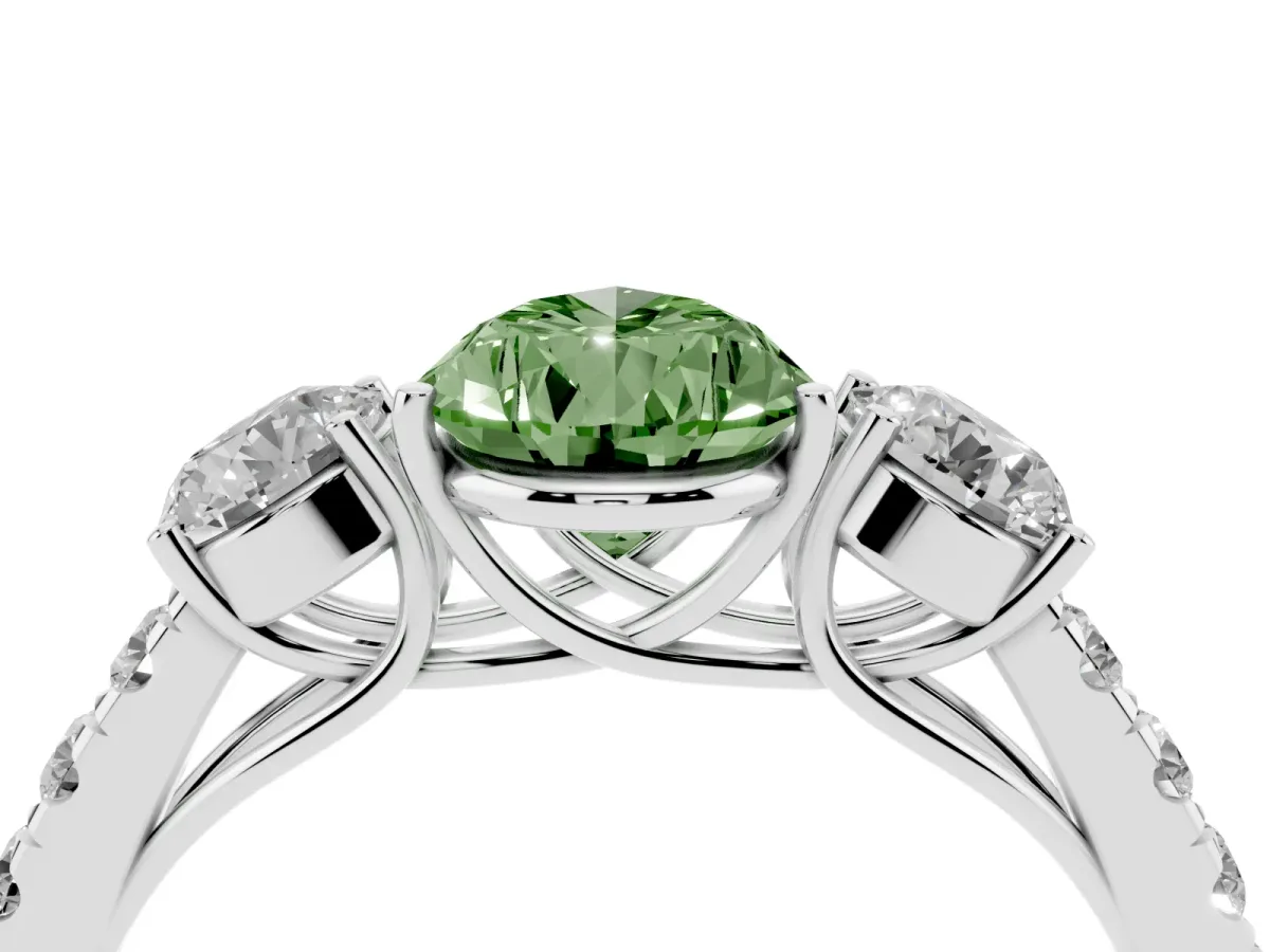 Fancy Green Pear Cut Cut Diamond Three-Stone Ring with Round Side Stones and Pavé Band Platinum