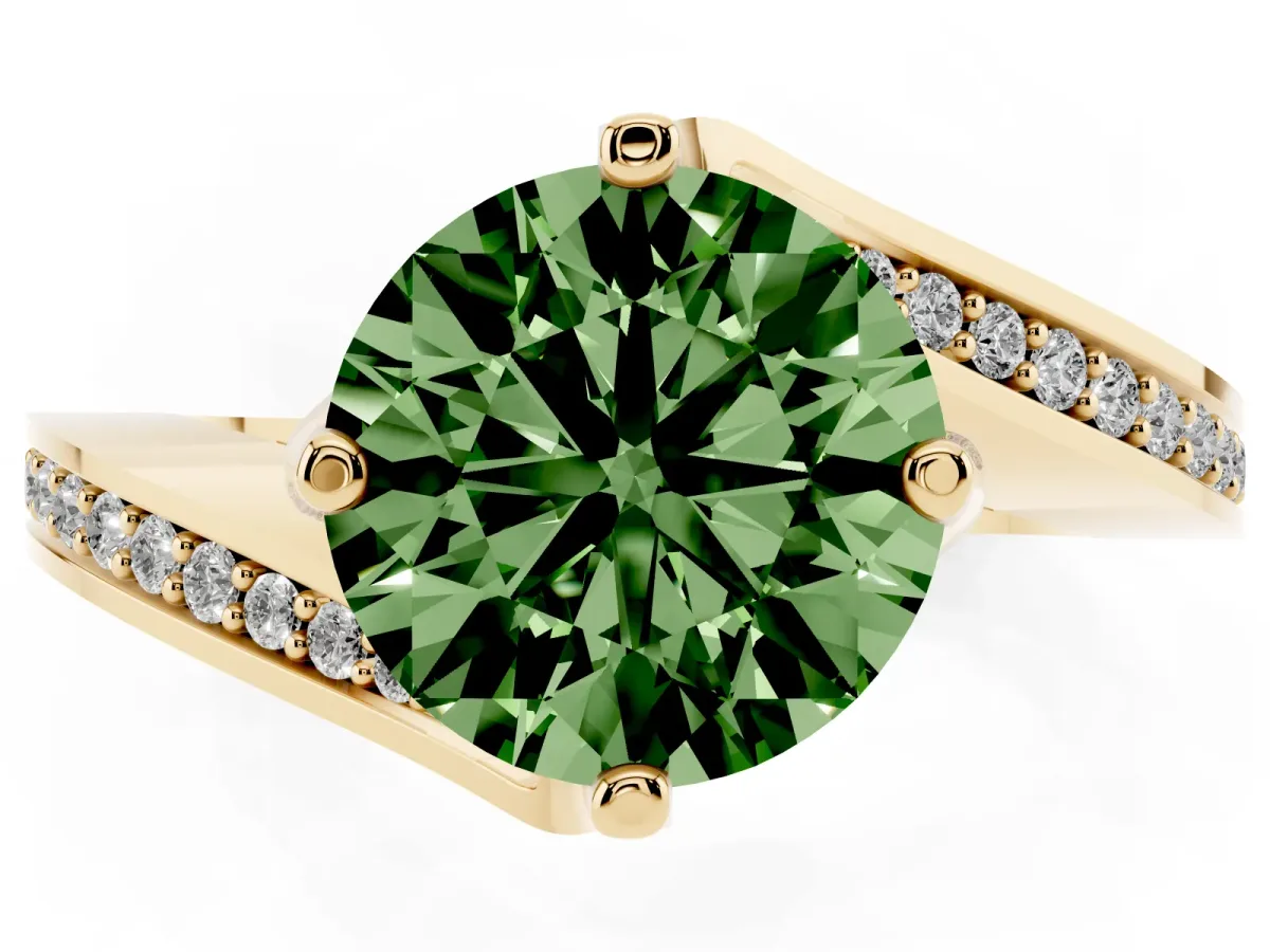 Fancy Green Round Cut Solitaire Diamond Twist Band with Pavé Setting and Four-Prong Setting Yellow gold