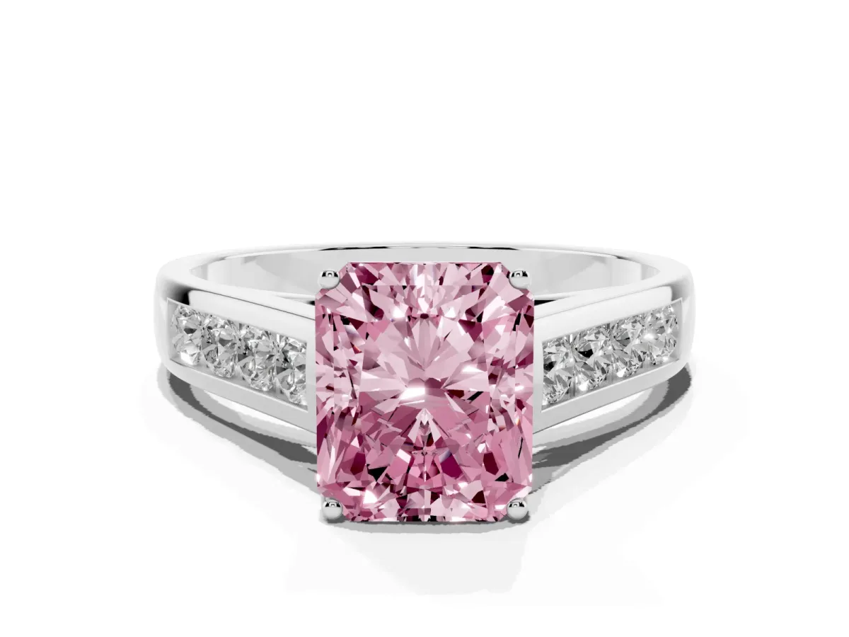 Fancy Pink Radiant Cut Brilliant Channel-Set Solitaire Ring with Four-Prong Setting Platinum