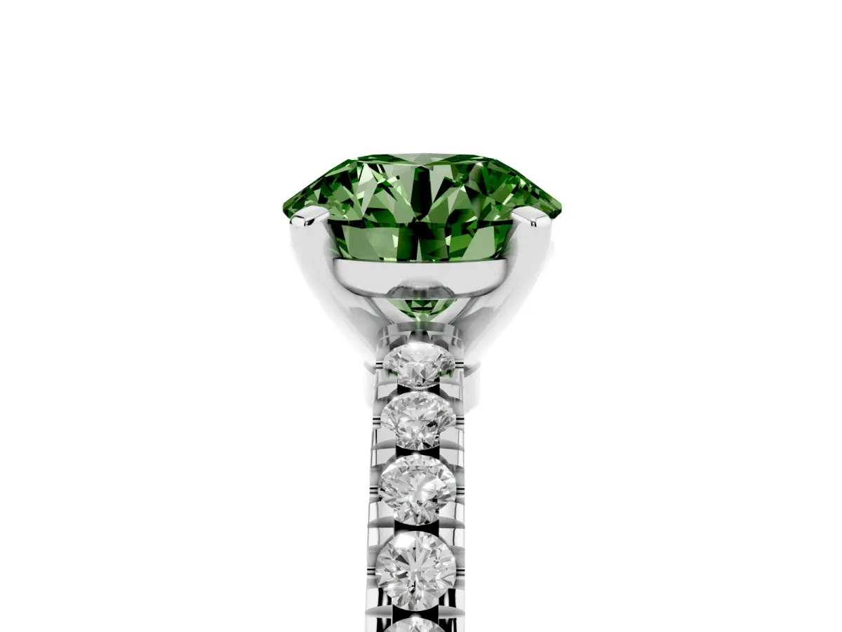 Fancy Green Round Cut Solitaire Diamond with Pavé Band and Four-Prong Setting White gold