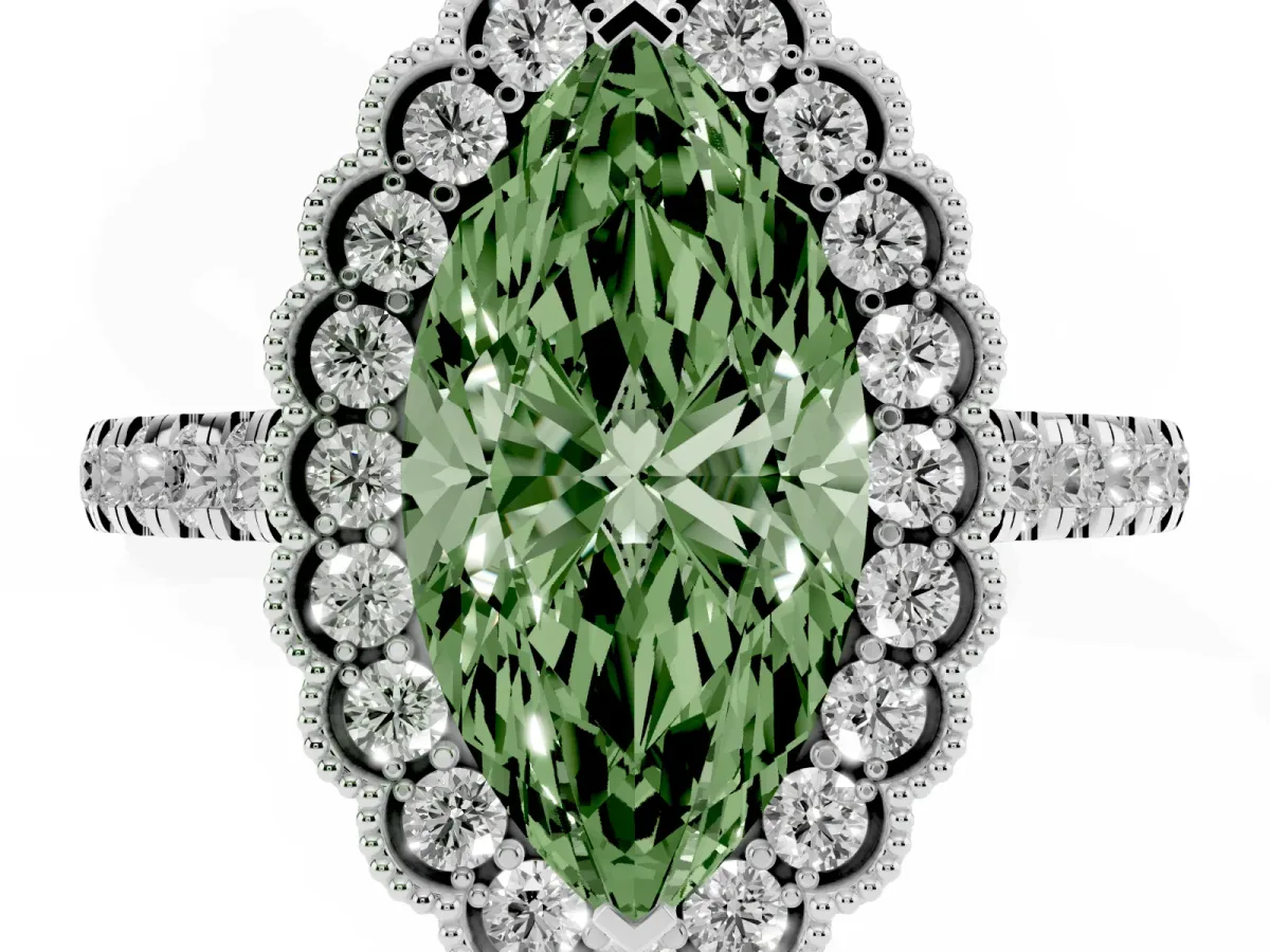 Fancy Green Marquise Cut Cut Diamond Milgrain Floral Halo Engagement Ring with Pavé Band White gold