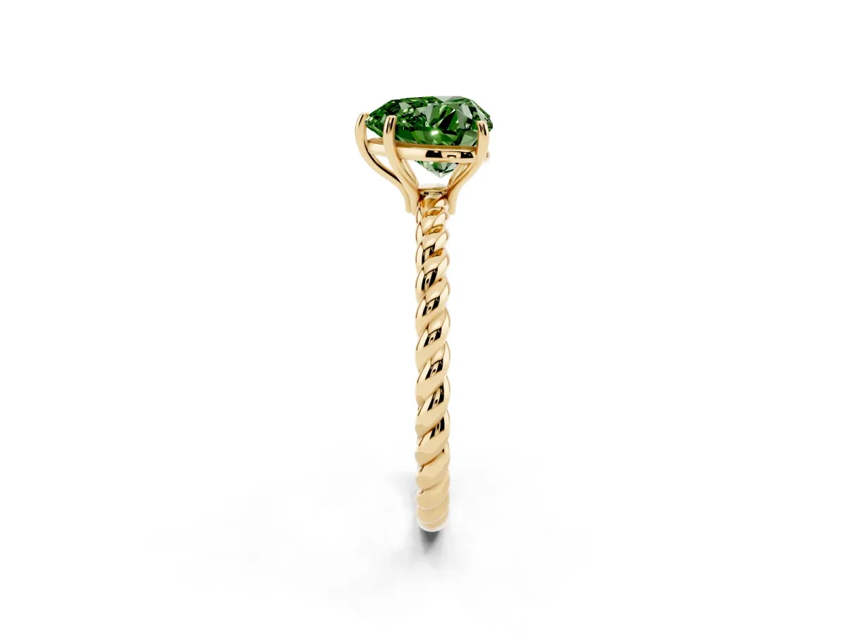 Fancy Green Heart Cut Solitaire Twist Band Ring with Four-Prong Setting Yellow gold