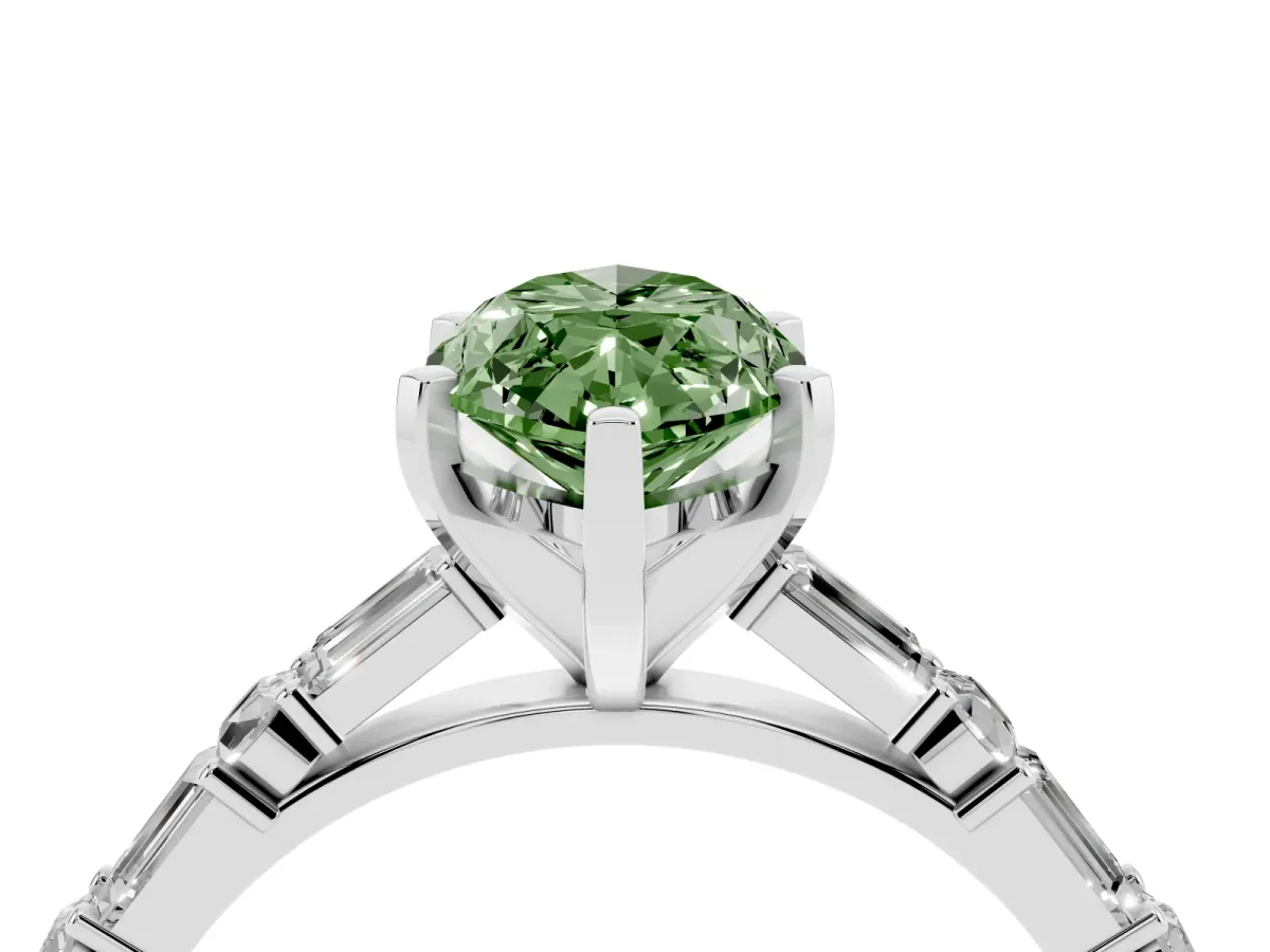 Fancy Green Marquise Cut Diamond Solitaire with Side Baguettes and Channel Set Band Platinum