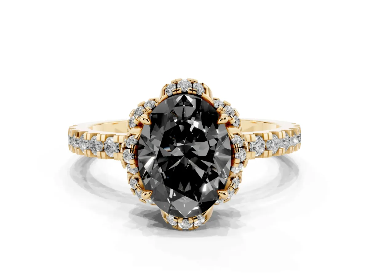 Fancy Black Oval Cut Diamond Halo Pave Band with Four-Prong Setting Yellow gold