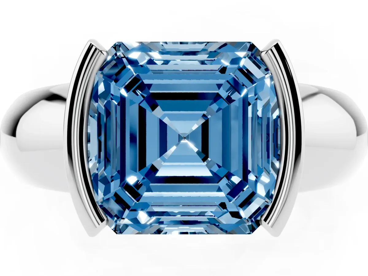 Fancy Blue Asscher Cut Solitaire Tension Set Diamond Ring with Wide Band White gold