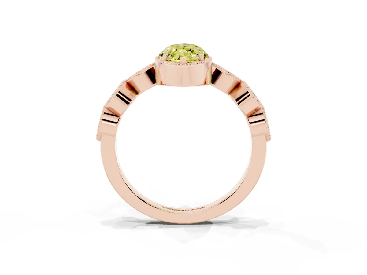 Fancy Yellow Marquise Cut Diamond Vintage Milgrain Ring with Round Stations Rose gold