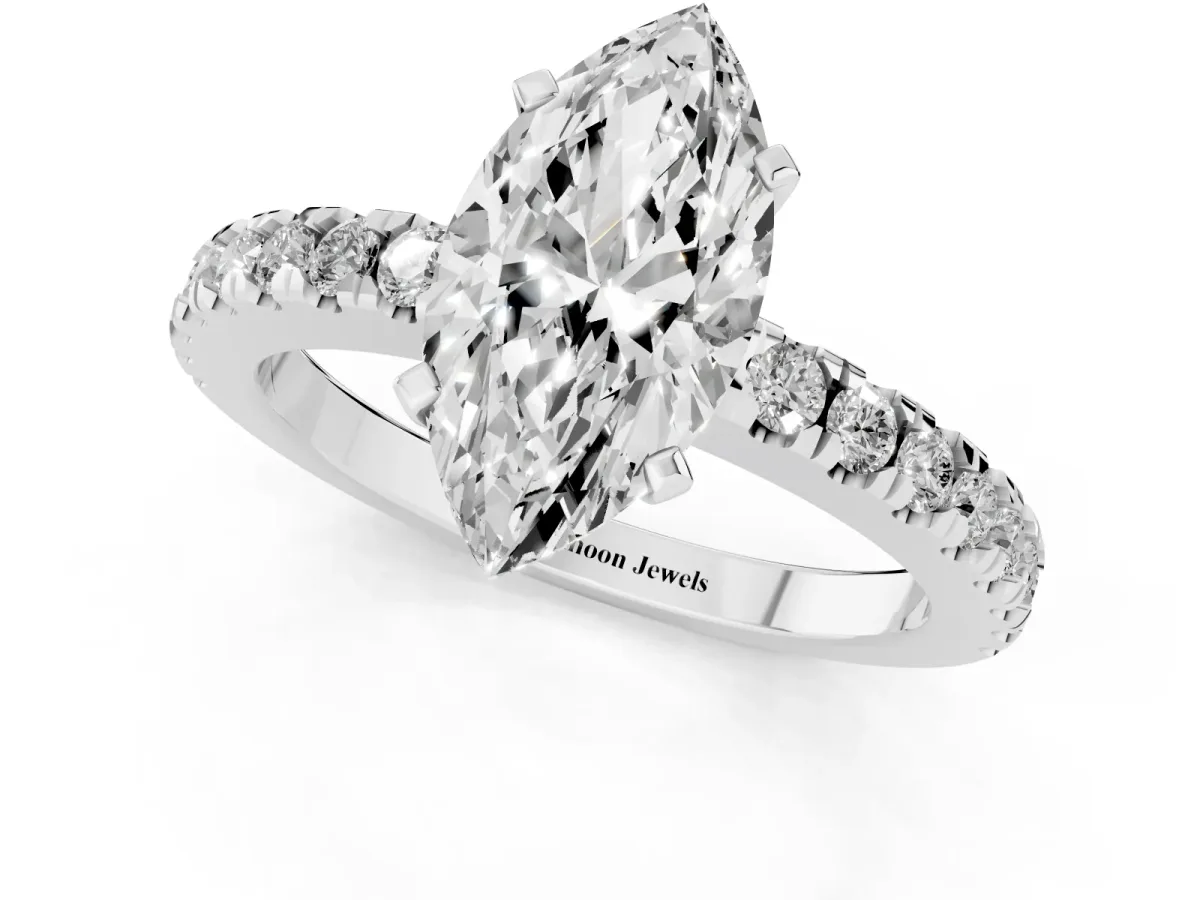 Marquise Cut Solitaire Diamond with Pavé Band and Four-Prong Setting Silver