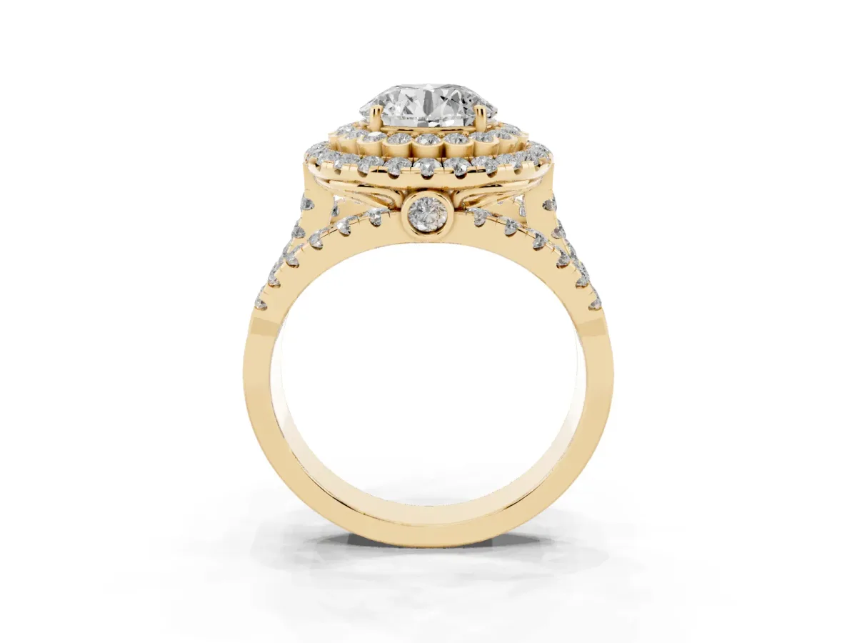 Round Cut Diamond Double Halo Ring with Round Pavé Split Shank and Prong Setting Yellow gold