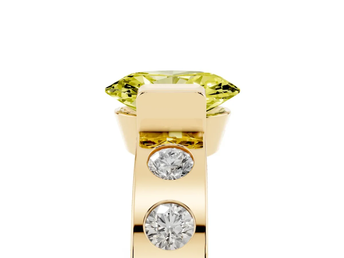 Fancy Yellow Oval Cut Brilliant Channel-Set Diamond Ring with Bezel Prong Setting Yellow gold