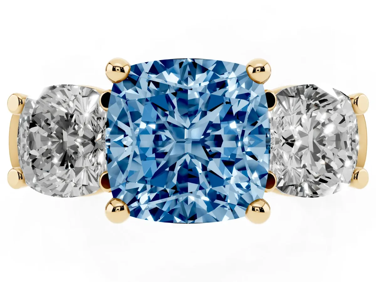 Fancy Blue Three-Stone Cushion Cut Brilliant Diamond Trellis Ring with Comfort Fit Band Yellow gold
