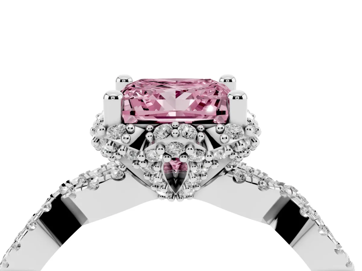 Fancy Pink Princess Cut Halo Twist Band Solitaire Ring with Six-Prong Setting Silver