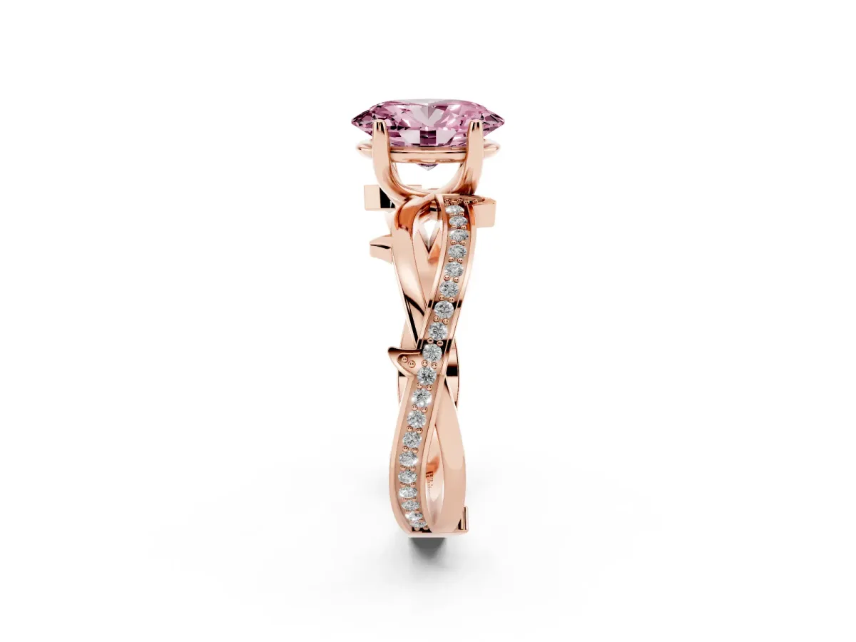 Fancy Pink Oval Cut Solitaire Twist Band with Pavé Accents and Four-Prong Setting Rose gold