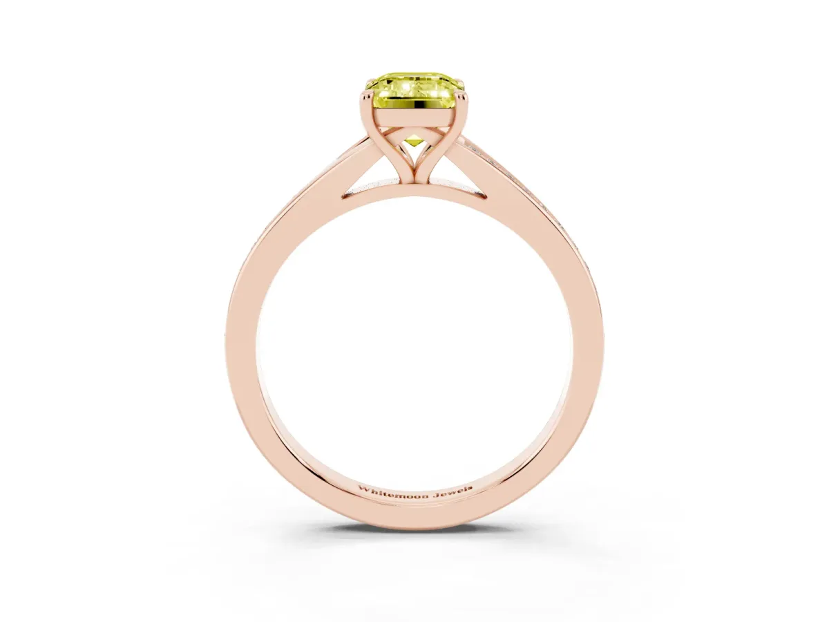 Fancy Yellow Emerald Cut Diamond Solitaire Ring with Pavé Band and Prong Setting Rose gold