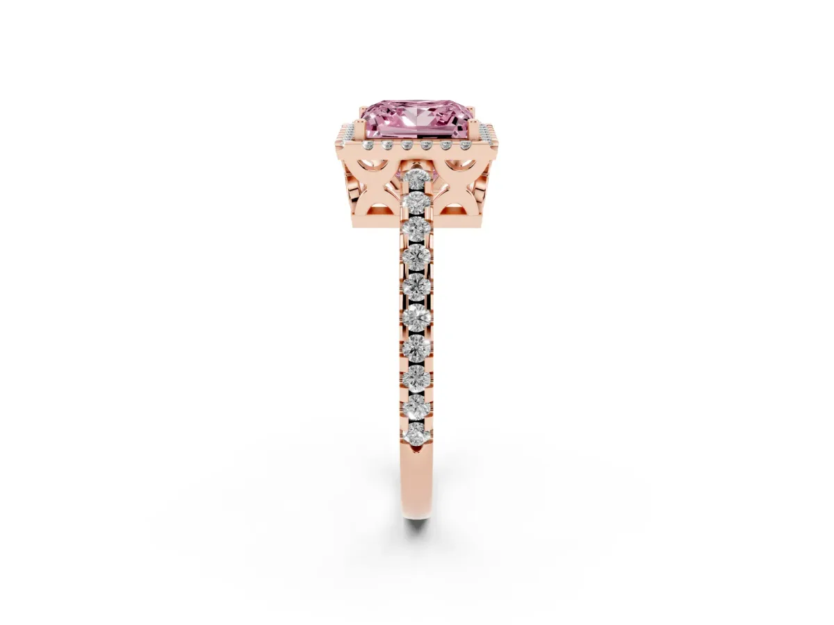Fancy Pink Princess Cut Diamond Halo Engagement Ring with Pavé Band and Prong Setting Rose gold