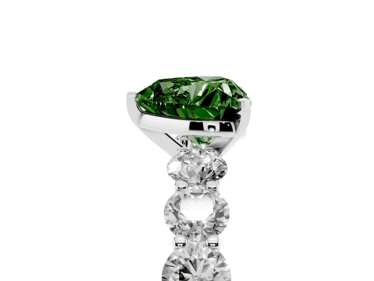 Fancy Green Heart Cut Diamond Prong Setting with Side Stones on a Pave Band White gold