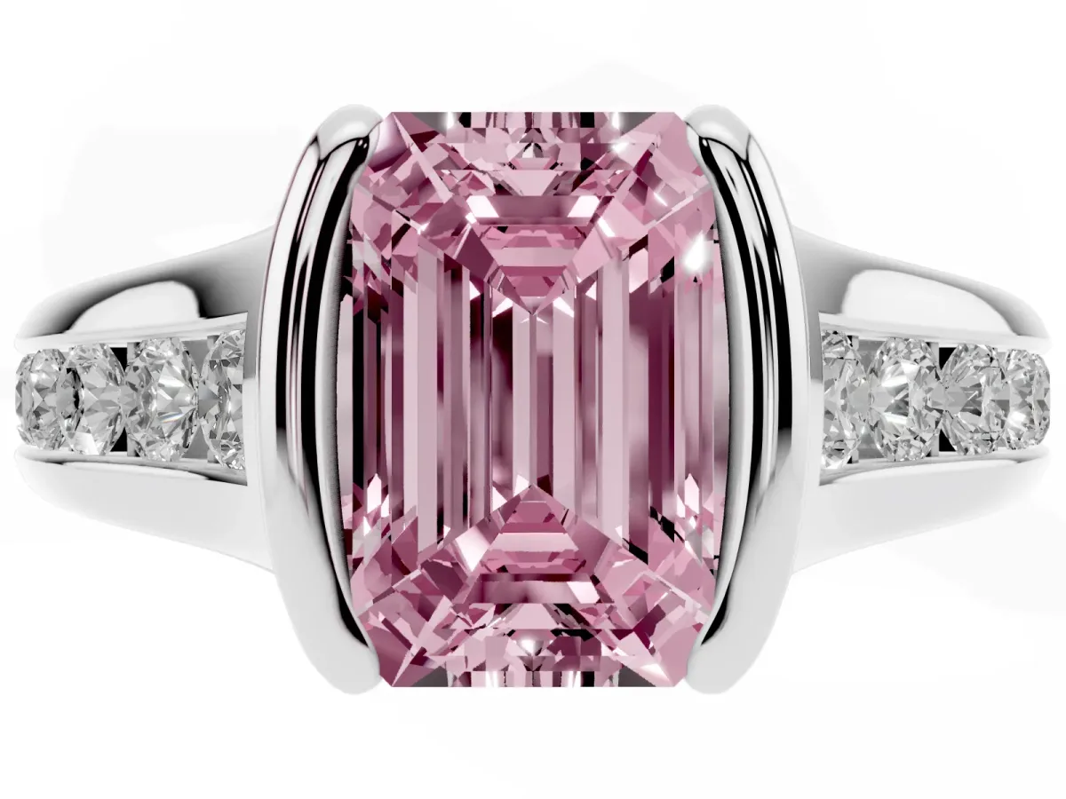 Fancy Pink Emerald Cut Solitaire Bezel-Set Diamond Ring with Channel-Set Band Platinum